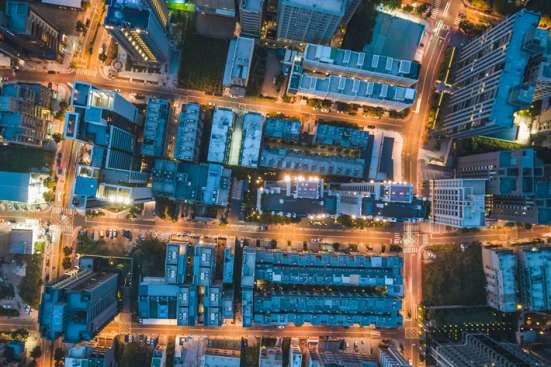 Aerial photo of city at night